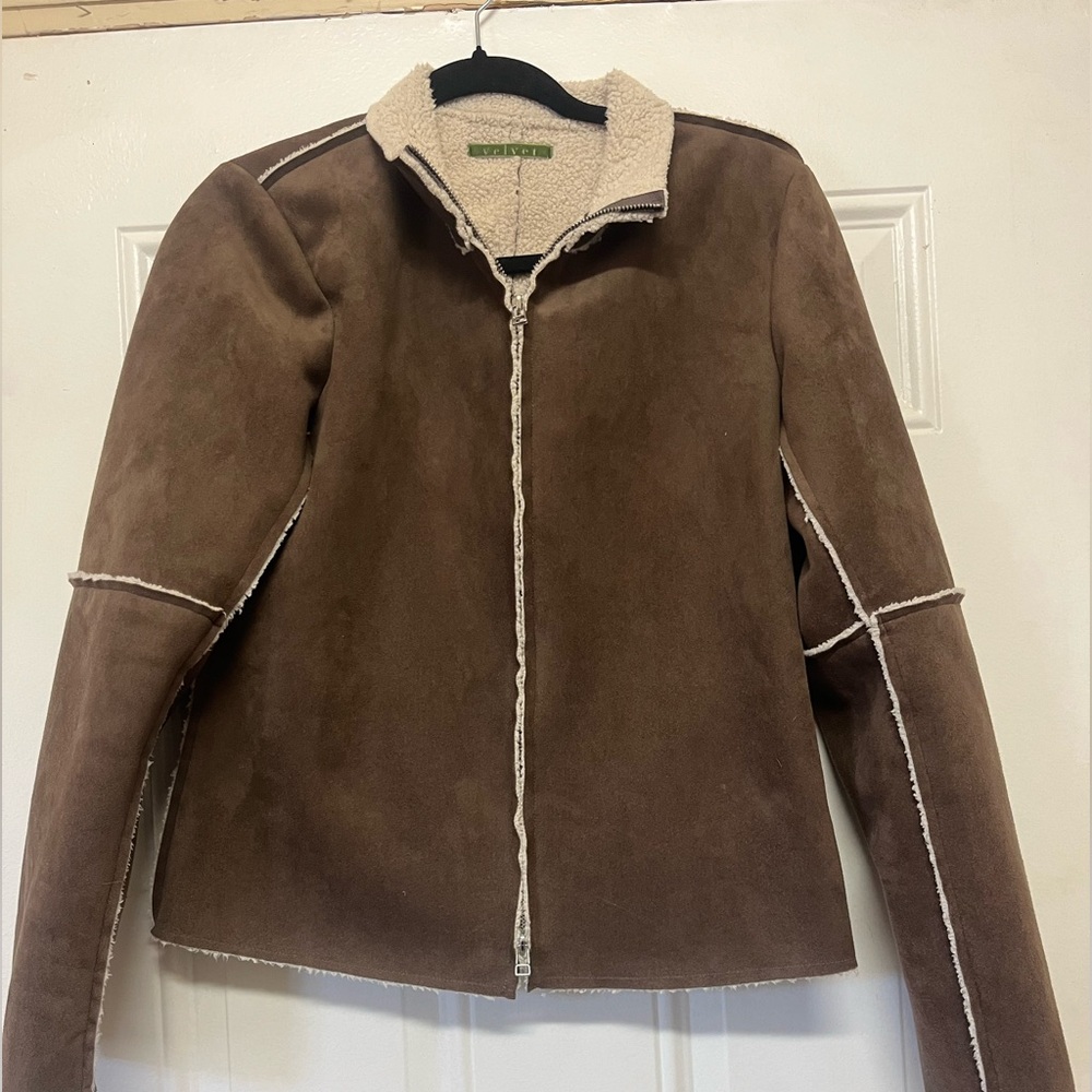 Women's Brown faux Suede Shearling Zip Jacket